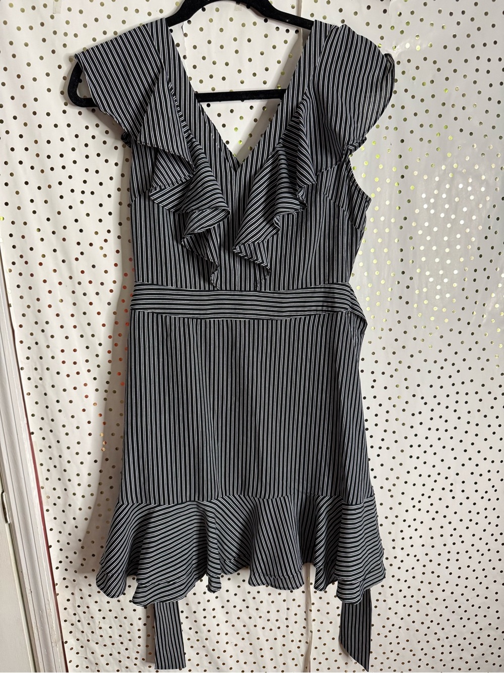 J.O.A. Black and White Striped Ruffle V-Neck Dress